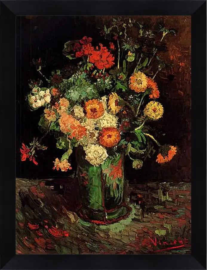 Картина в раме - Vase with Zinnias and Geraniums. Винсент Ван Гог