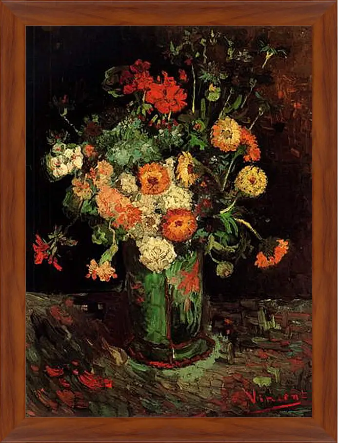 Картина в раме - Vase with Zinnias and Geraniums. Винсент Ван Гог