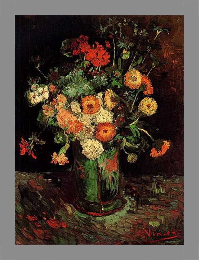 Картина в раме - Vase with Zinnias and Geraniums. Винсент Ван Гог
