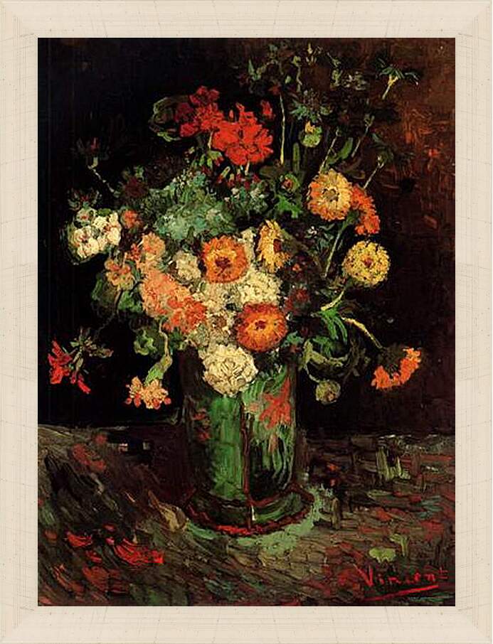 Картина в раме - Vase with Zinnias and Geraniums. Винсент Ван Гог