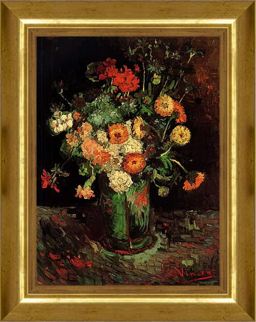 Картина в раме - Vase with Zinnias and Geraniums. Винсент Ван Гог