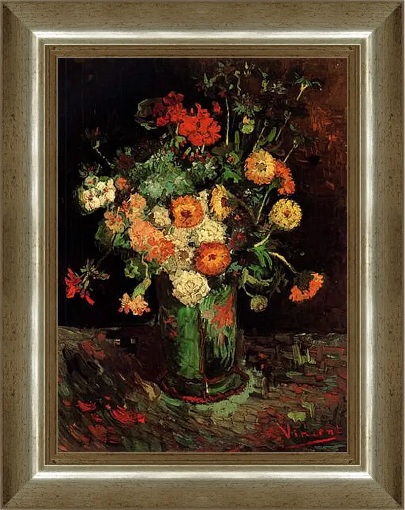 Картина в раме - Vase with Zinnias and Geraniums. Винсент Ван Гог