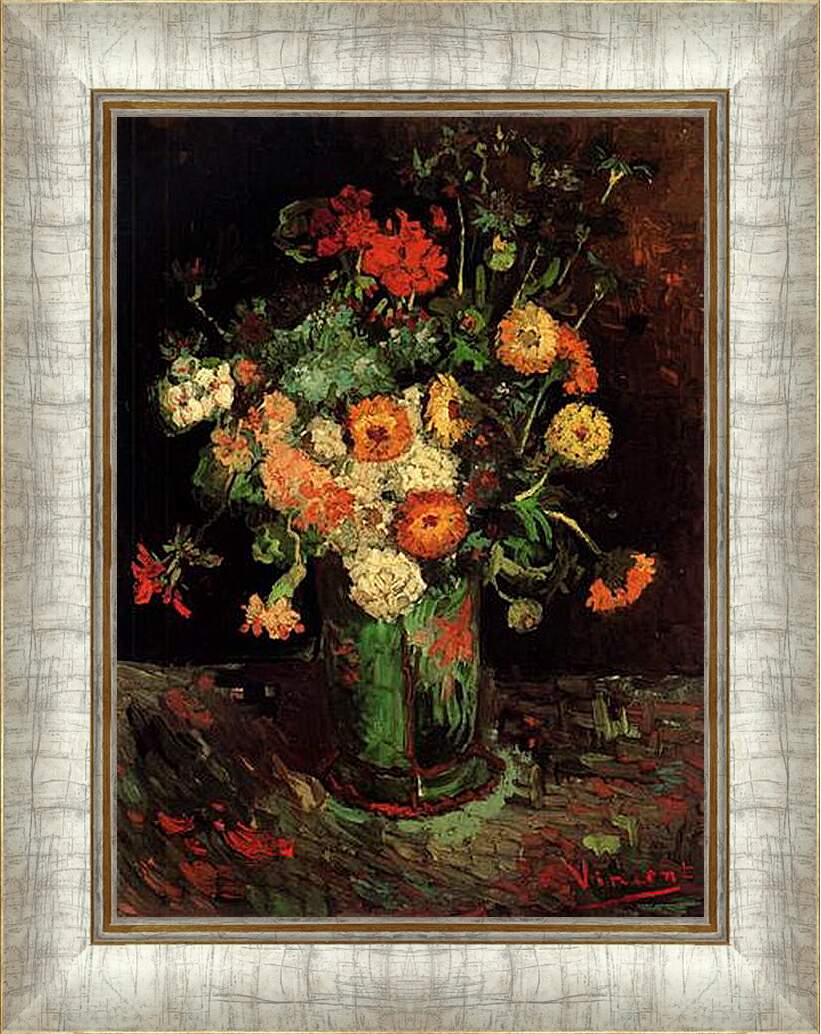 Картина в раме - Vase with Zinnias and Geraniums. Винсент Ван Гог
