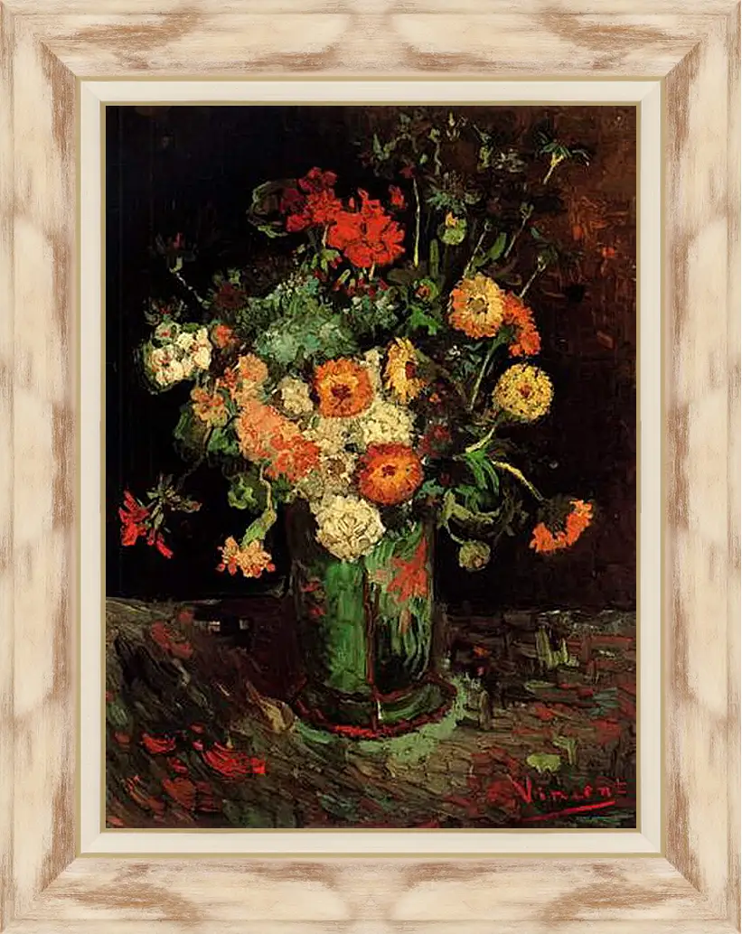 Картина в раме - Vase with Zinnias and Geraniums. Винсент Ван Гог