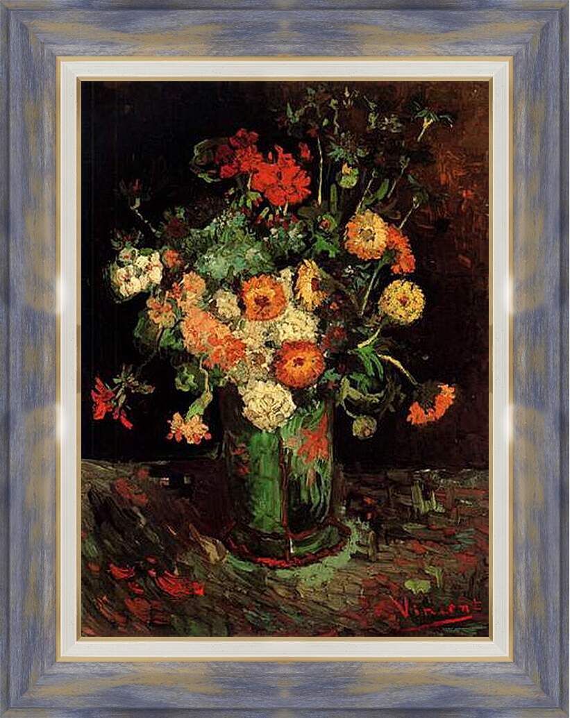 Картина в раме - Vase with Zinnias and Geraniums. Винсент Ван Гог