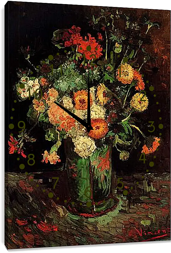 Часы картина - Vase with Zinnias and Geraniums. Винсент Ван Гог