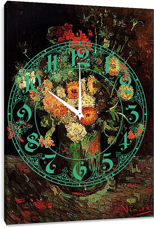 Часы картина - Vase with Zinnias and Geraniums. Винсент Ван Гог