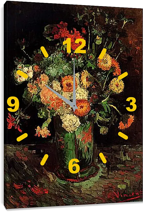 Часы картина - Vase with Zinnias and Geraniums. Винсент Ван Гог