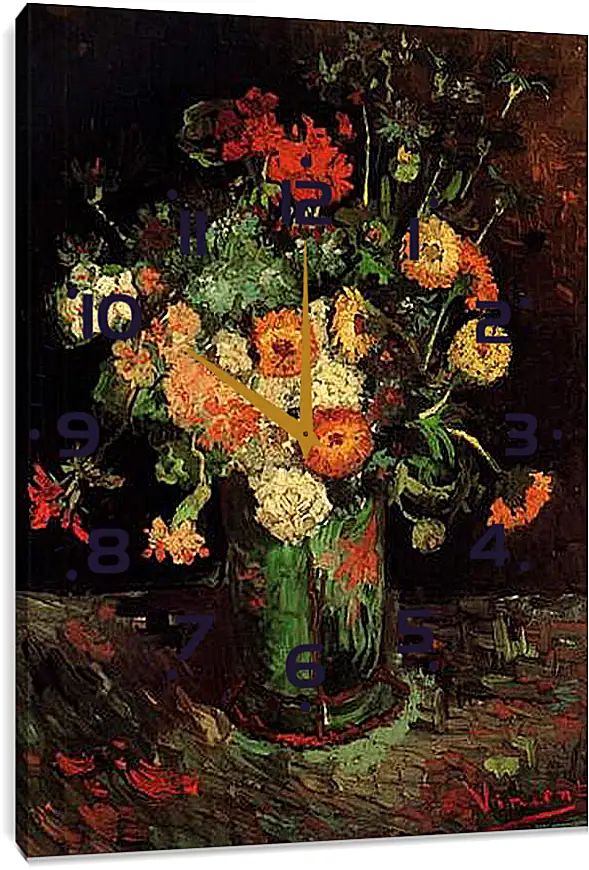 Часы картина - Vase with Zinnias and Geraniums. Винсент Ван Гог