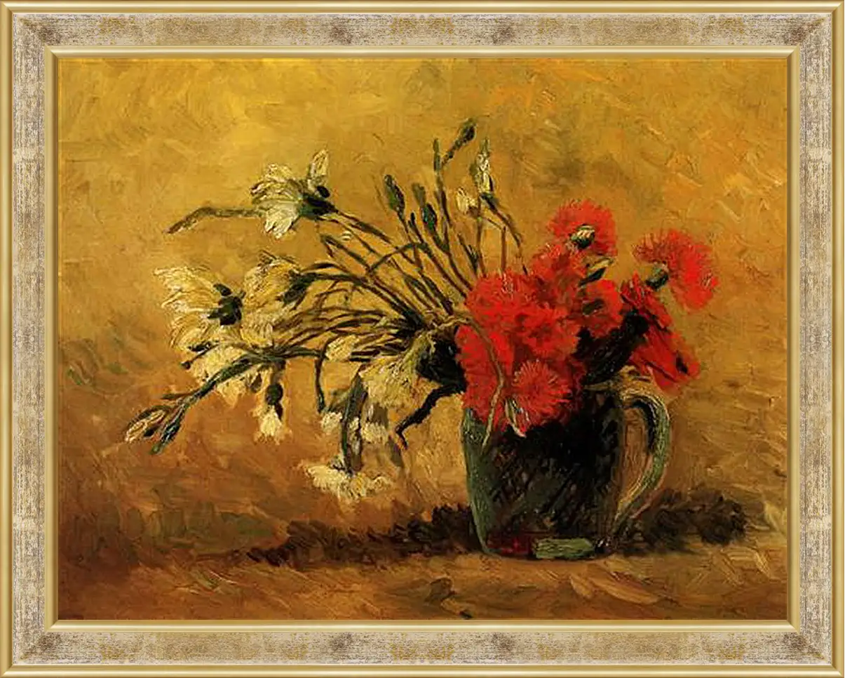 Картина в раме - Vase with Red and White Carnations on Yellow Background. Винсент Ван Гог