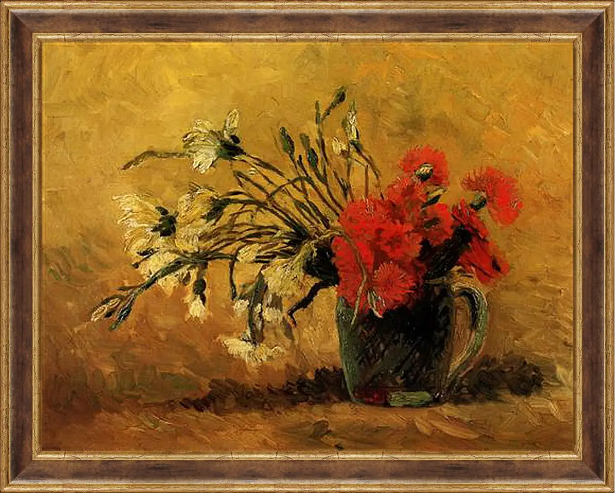 Картина в раме - Vase with Red and White Carnations on Yellow Background. Винсент Ван Гог