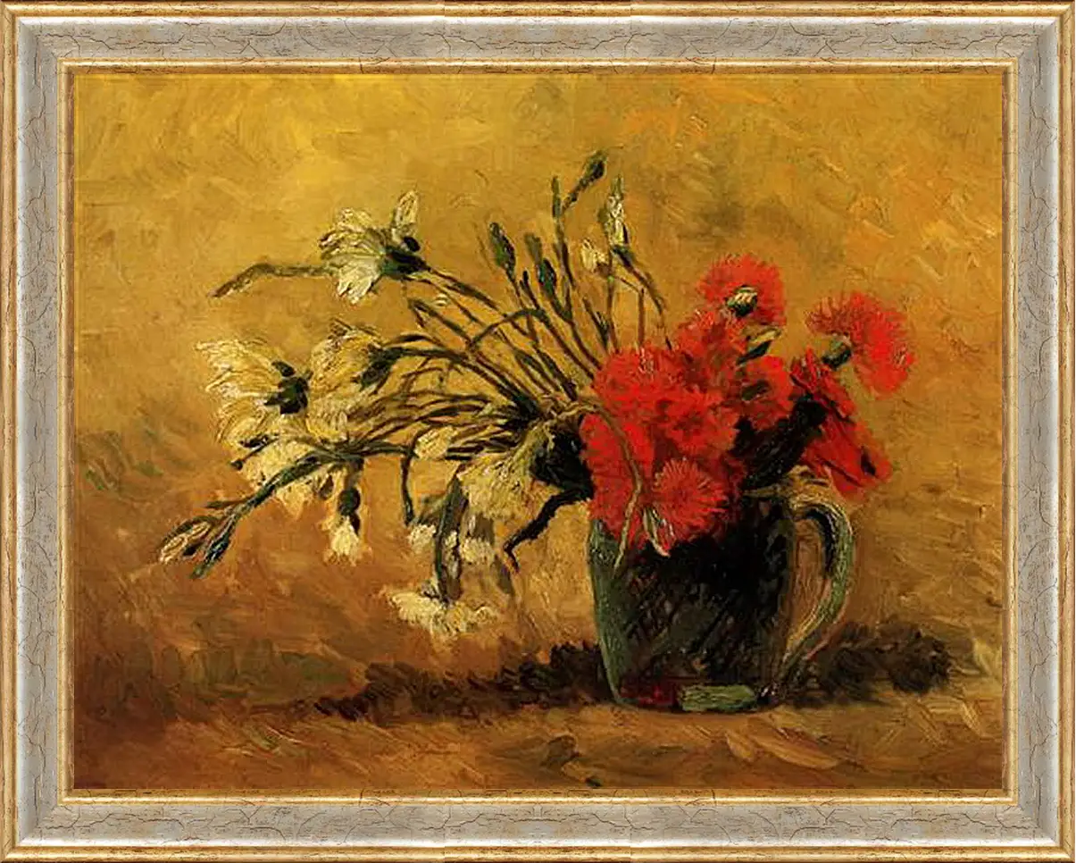 Картина в раме - Vase with Red and White Carnations on Yellow Background. Винсент Ван Гог