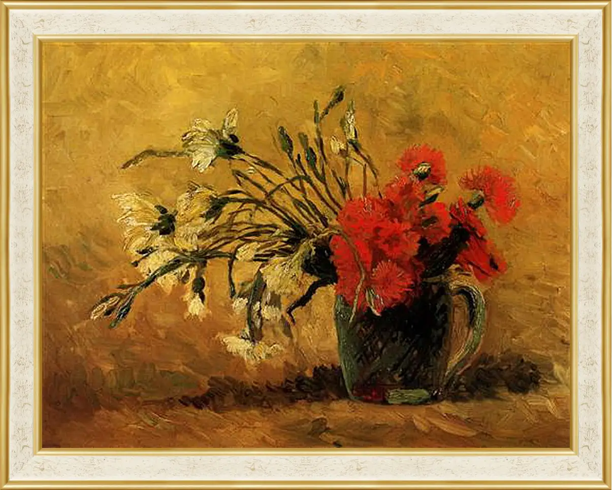 Картина в раме - Vase with Red and White Carnations on Yellow Background. Винсент Ван Гог