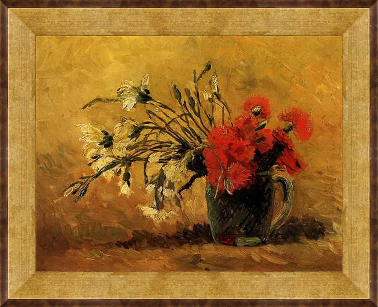 Картина в раме - Vase with Red and White Carnations on Yellow Background. Винсент Ван Гог