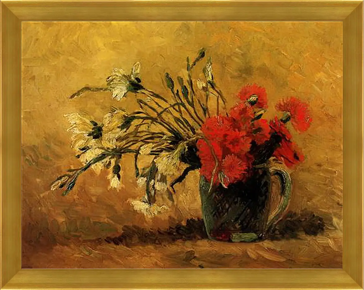 Картина в раме - Vase with Red and White Carnations on Yellow Background. Винсент Ван Гог