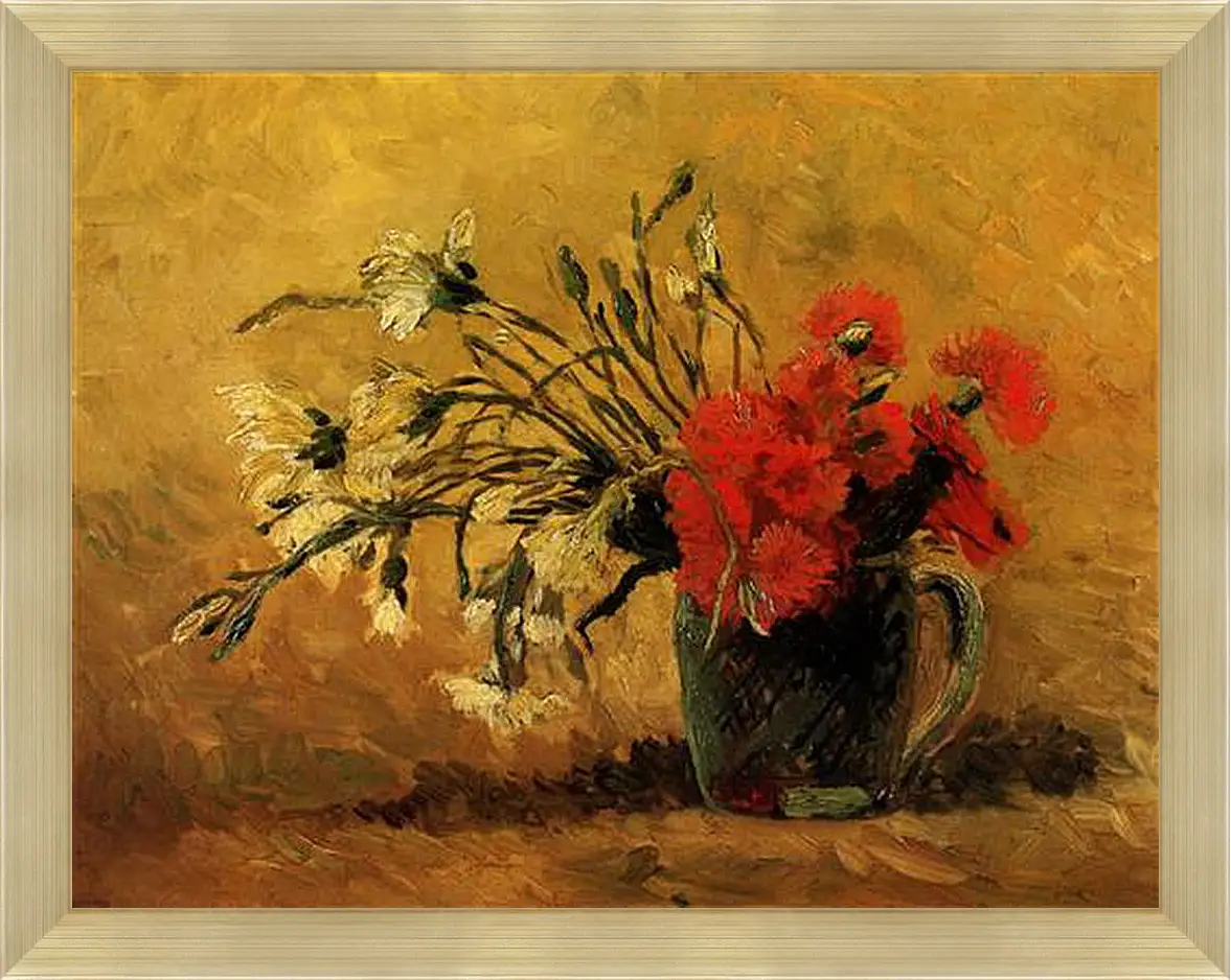 Картина в раме - Vase with Red and White Carnations on Yellow Background. Винсент Ван Гог