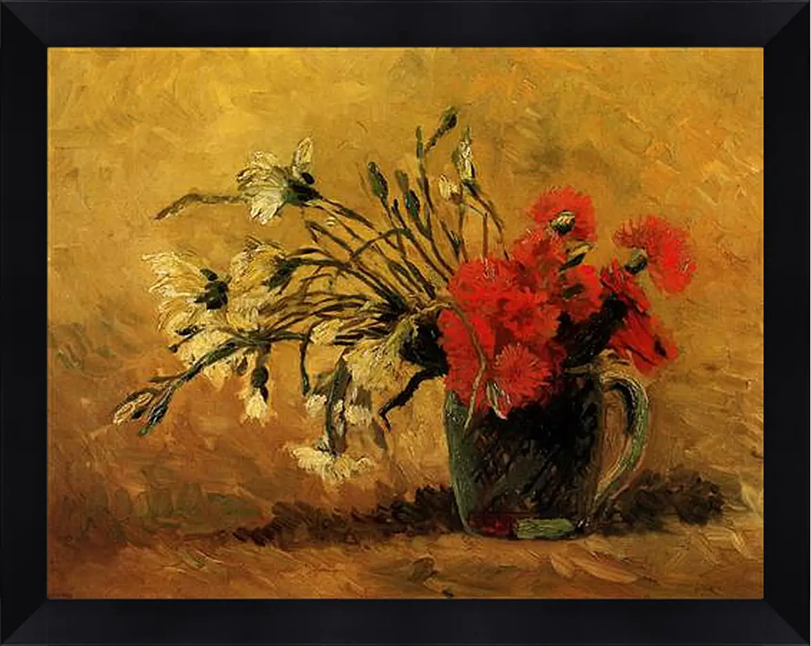 Картина в раме - Vase with Red and White Carnations on Yellow Background. Винсент Ван Гог