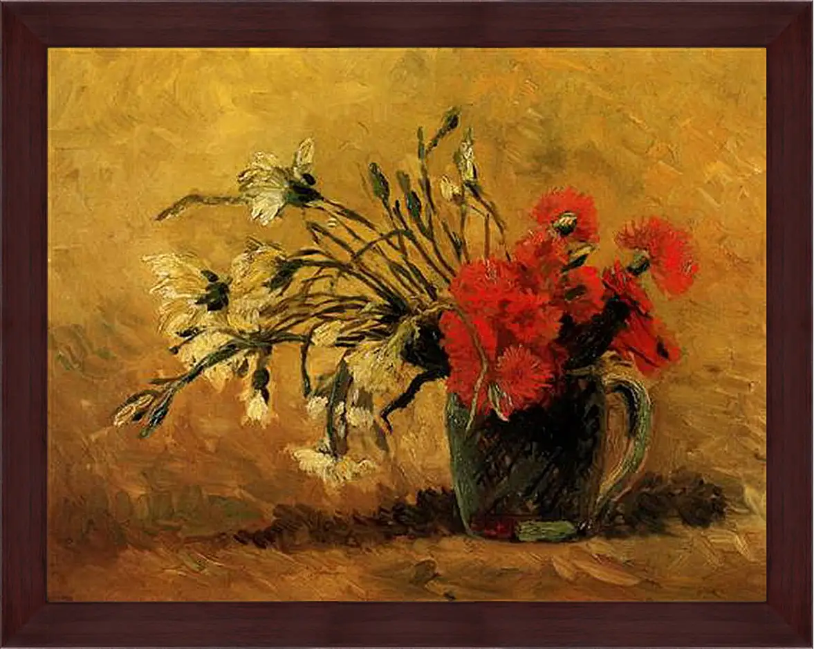 Картина в раме - Vase with Red and White Carnations on Yellow Background. Винсент Ван Гог