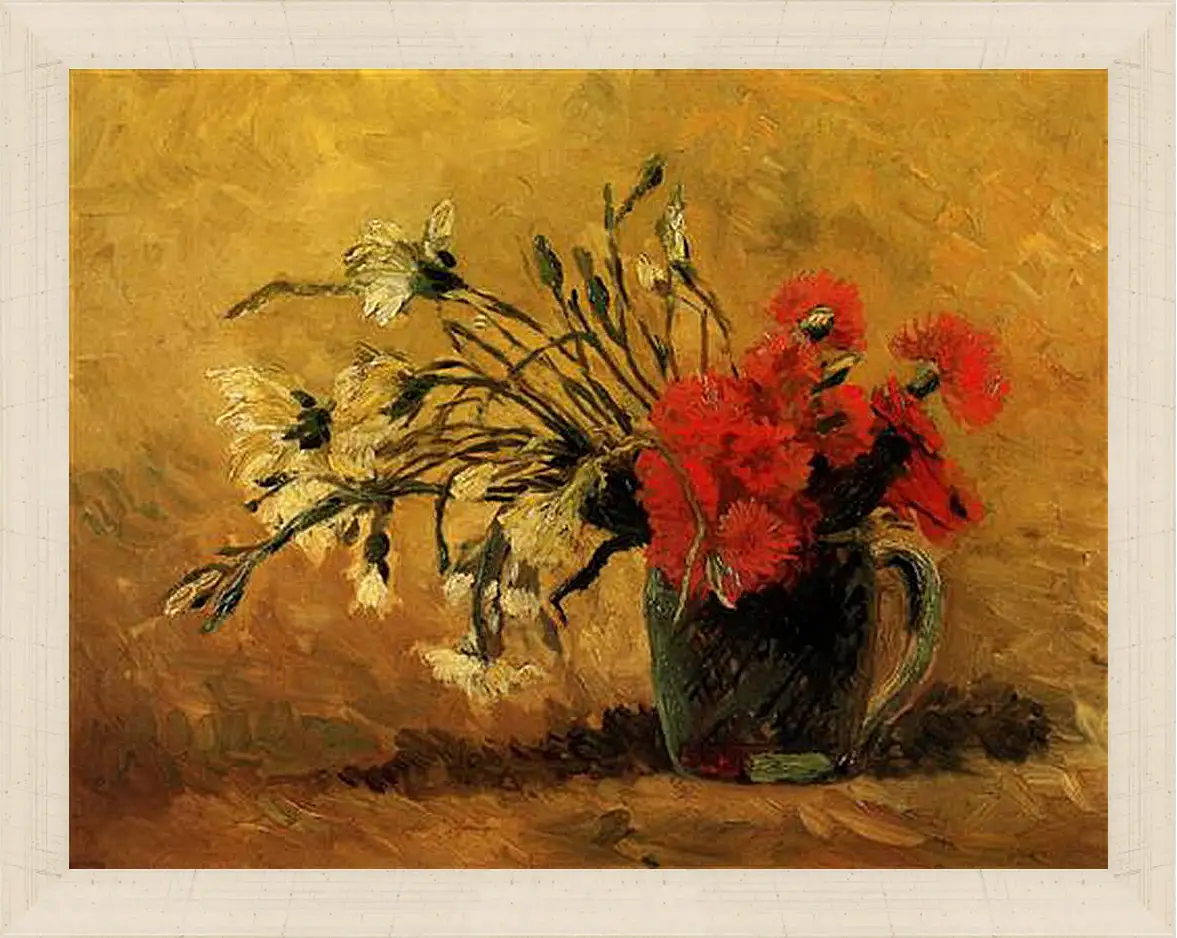 Картина в раме - Vase with Red and White Carnations on Yellow Background. Винсент Ван Гог