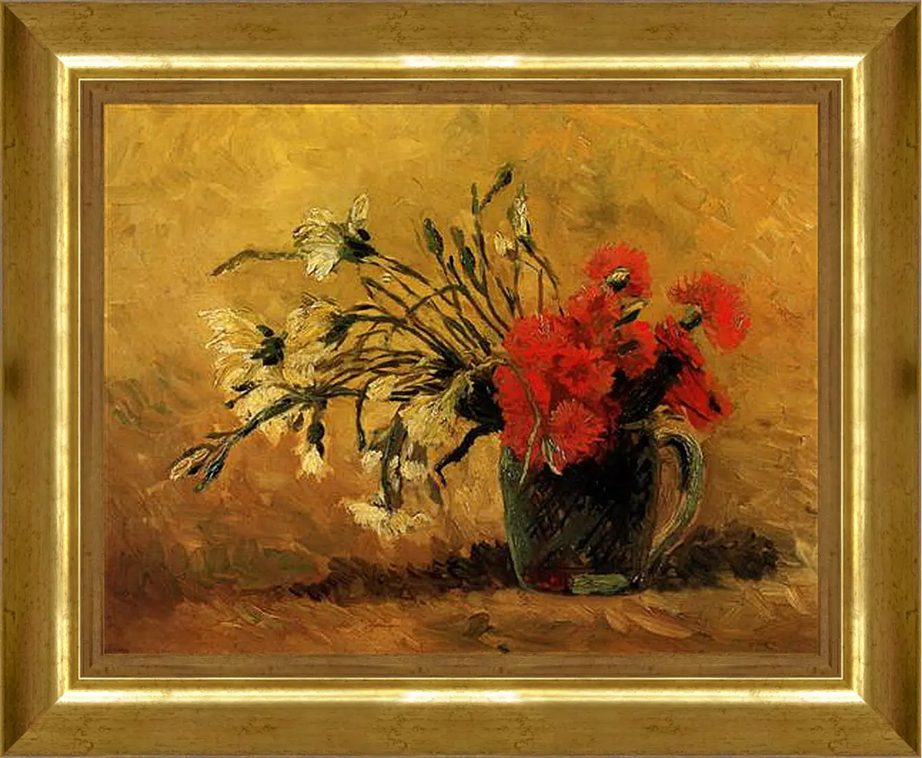 Картина в раме - Vase with Red and White Carnations on Yellow Background. Винсент Ван Гог