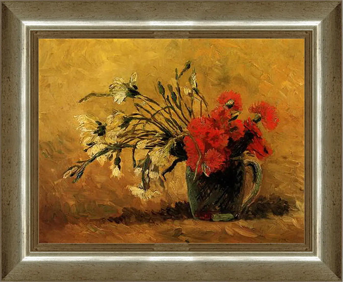 Картина в раме - Vase with Red and White Carnations on Yellow Background. Винсент Ван Гог