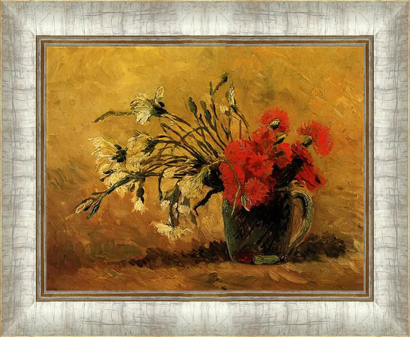 Картина в раме - Vase with Red and White Carnations on Yellow Background. Винсент Ван Гог