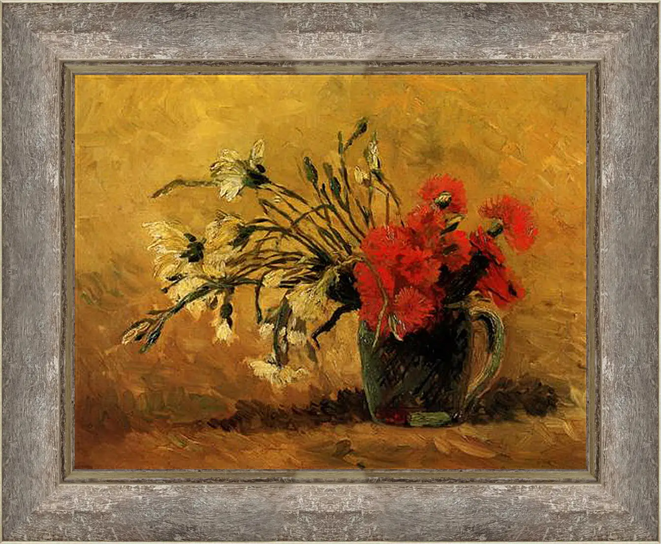 Картина в раме - Vase with Red and White Carnations on Yellow Background. Винсент Ван Гог