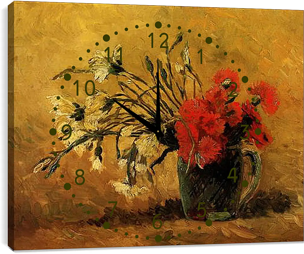 Часы картина - Vase with Red and White Carnations on Yellow Background. Винсент Ван Гог