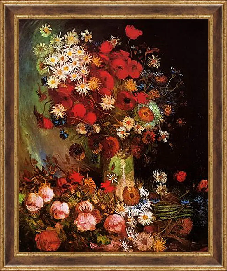 Картина в раме - Vase with Poppies, Cornflowers, Peonies and Chrysanthemums. Винсент Ван Гог