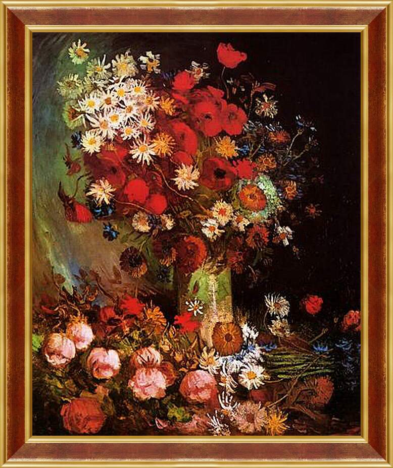 Картина в раме - Vase with Poppies, Cornflowers, Peonies and Chrysanthemums. Винсент Ван Гог