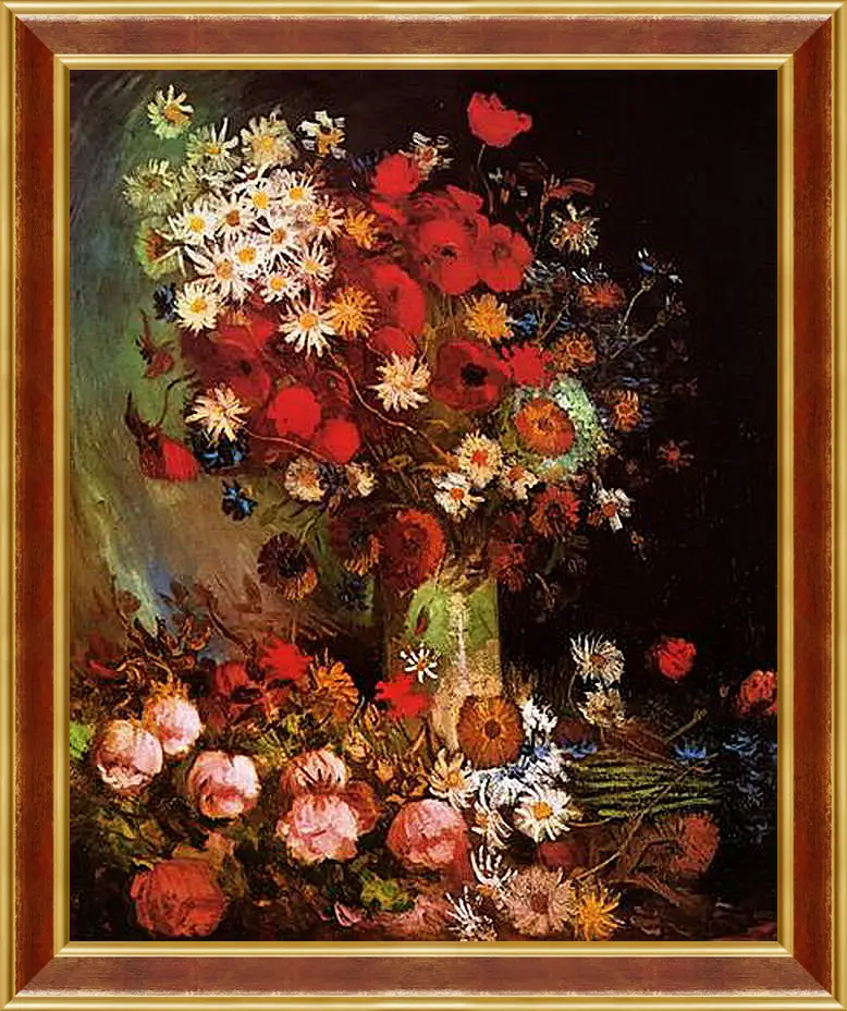 Картина в раме - Vase with Poppies, Cornflowers, Peonies and Chrysanthemums. Винсент Ван Гог