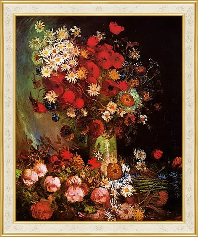 Картина в раме - Vase with Poppies, Cornflowers, Peonies and Chrysanthemums. Винсент Ван Гог