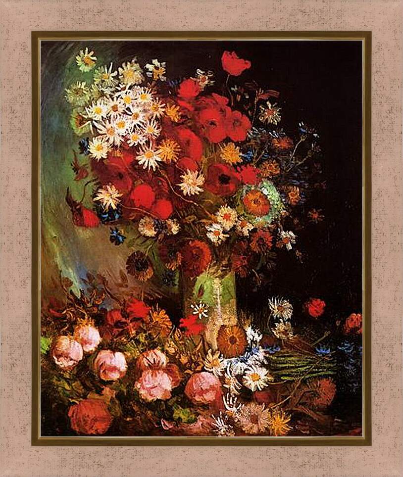 Картина в раме - Vase with Poppies, Cornflowers, Peonies and Chrysanthemums. Винсент Ван Гог
