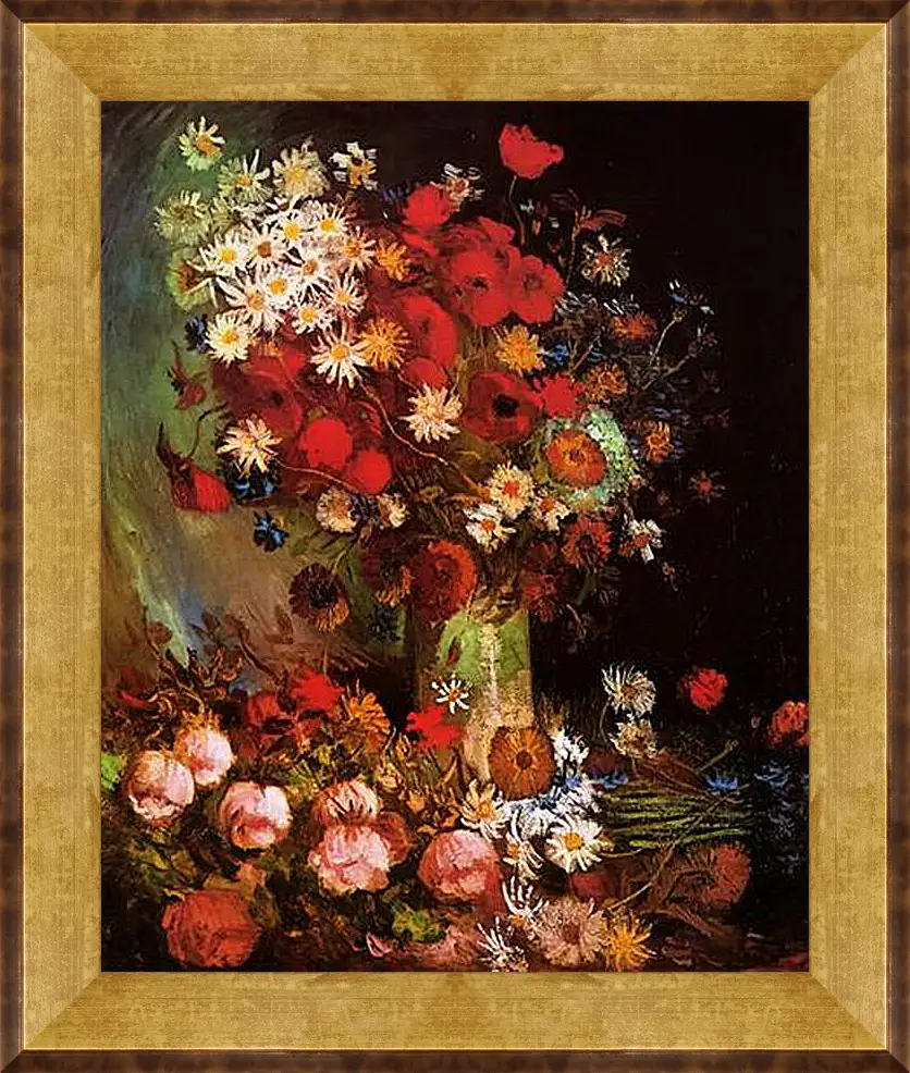 Картина в раме - Vase with Poppies, Cornflowers, Peonies and Chrysanthemums. Винсент Ван Гог