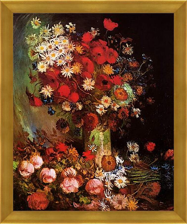 Картина в раме - Vase with Poppies, Cornflowers, Peonies and Chrysanthemums. Винсент Ван Гог