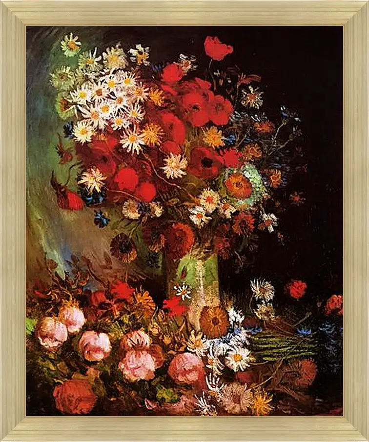 Картина в раме - Vase with Poppies, Cornflowers, Peonies and Chrysanthemums. Винсент Ван Гог