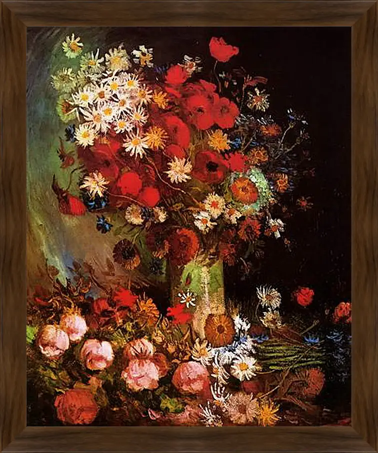 Картина в раме - Vase with Poppies, Cornflowers, Peonies and Chrysanthemums. Винсент Ван Гог
