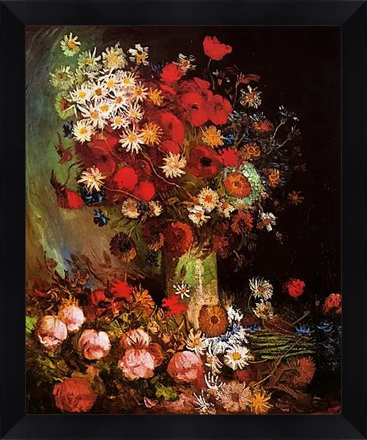 Картина в раме - Vase with Poppies, Cornflowers, Peonies and Chrysanthemums. Винсент Ван Гог