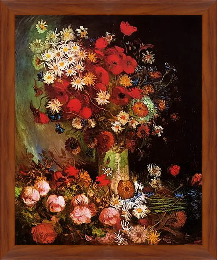 Картина в раме - Vase with Poppies, Cornflowers, Peonies and Chrysanthemums. Винсент Ван Гог
