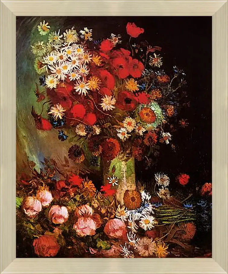 Картина в раме - Vase with Poppies, Cornflowers, Peonies and Chrysanthemums. Винсент Ван Гог
