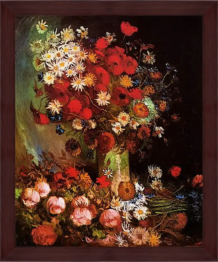 Картина в раме - Vase with Poppies, Cornflowers, Peonies and Chrysanthemums. Винсент Ван Гог