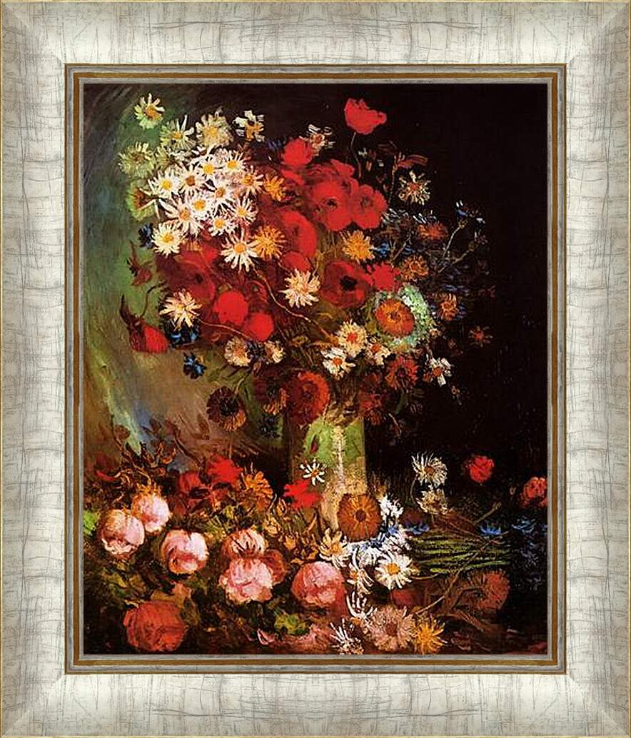 Картина в раме - Vase with Poppies, Cornflowers, Peonies and Chrysanthemums. Винсент Ван Гог
