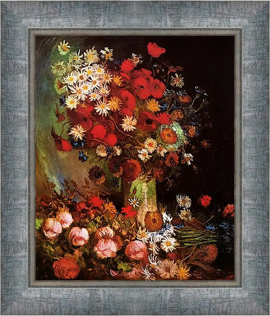 Картина в раме - Vase with Poppies, Cornflowers, Peonies and Chrysanthemums. Винсент Ван Гог