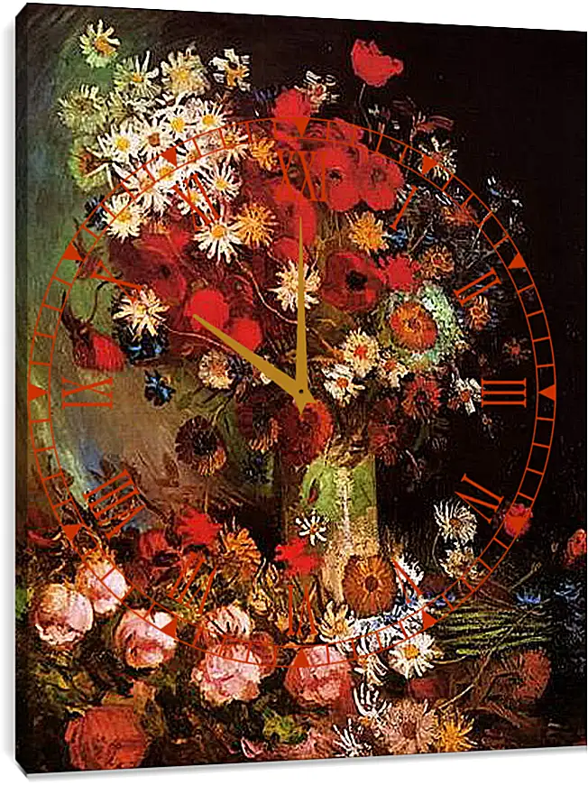 Часы картина - Vase with Poppies, Cornflowers, Peonies and Chrysanthemums. Винсент Ван Гог
