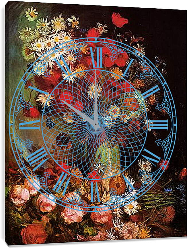 Часы картина - Vase with Poppies, Cornflowers, Peonies and Chrysanthemums. Винсент Ван Гог
