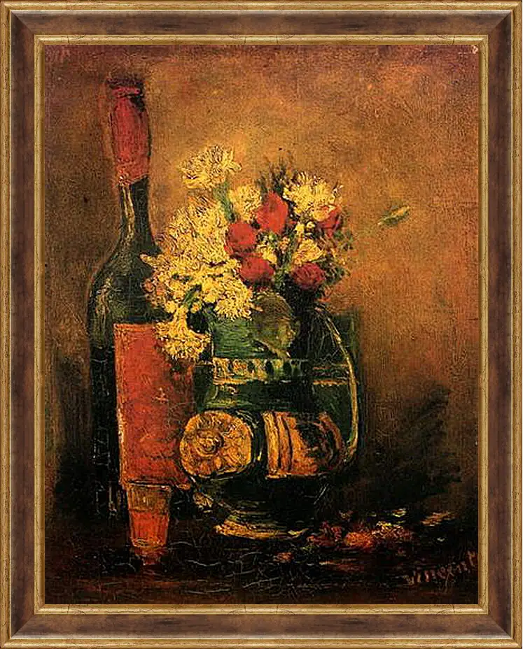 Картина в раме - Vase with Carnations and Roses and a Bottle. Винсент Ван Гог