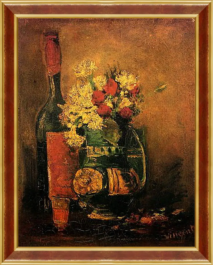 Картина в раме - Vase with Carnations and Roses and a Bottle. Винсент Ван Гог