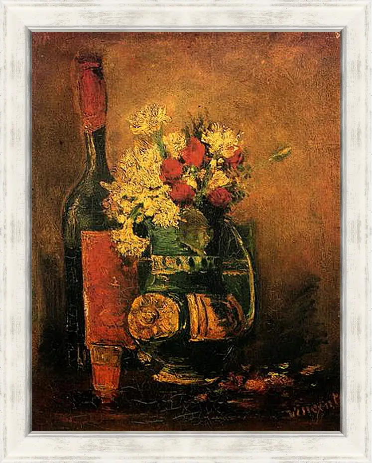 Картина в раме - Vase with Carnations and Roses and a Bottle. Винсент Ван Гог