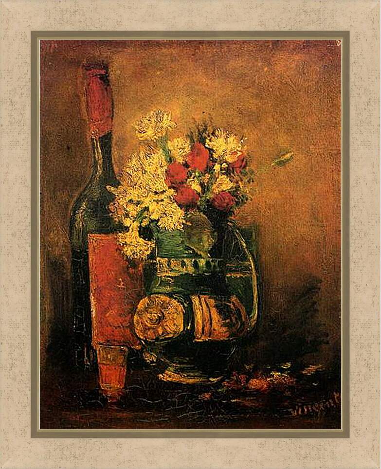 Картина в раме - Vase with Carnations and Roses and a Bottle. Винсент Ван Гог