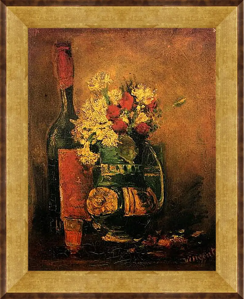 Картина в раме - Vase with Carnations and Roses and a Bottle. Винсент Ван Гог
